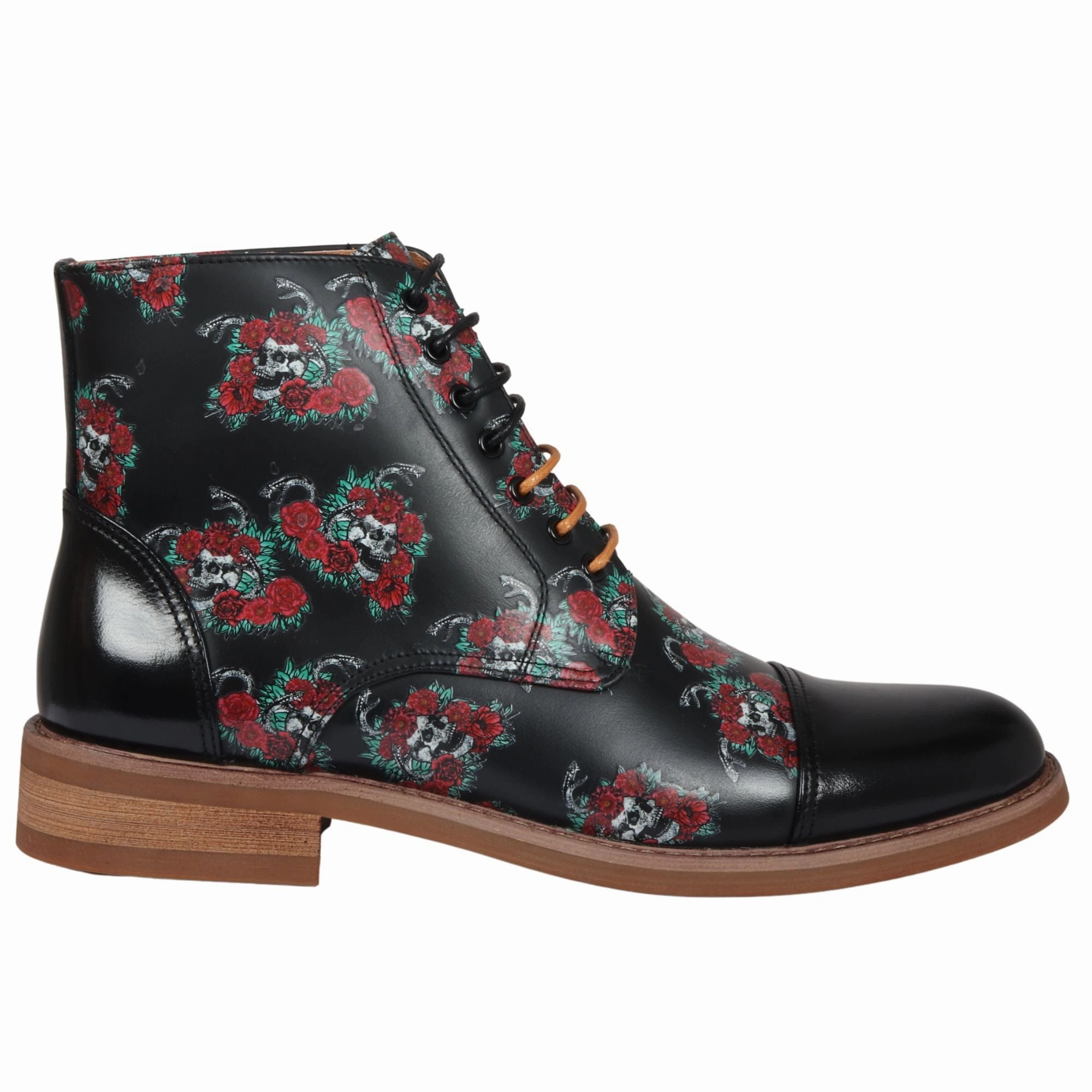 Soft Inner Lining Rugged Built City Walking Adam Oxford Floral Skull Print Lace Up Leather Dress Ankle Boots