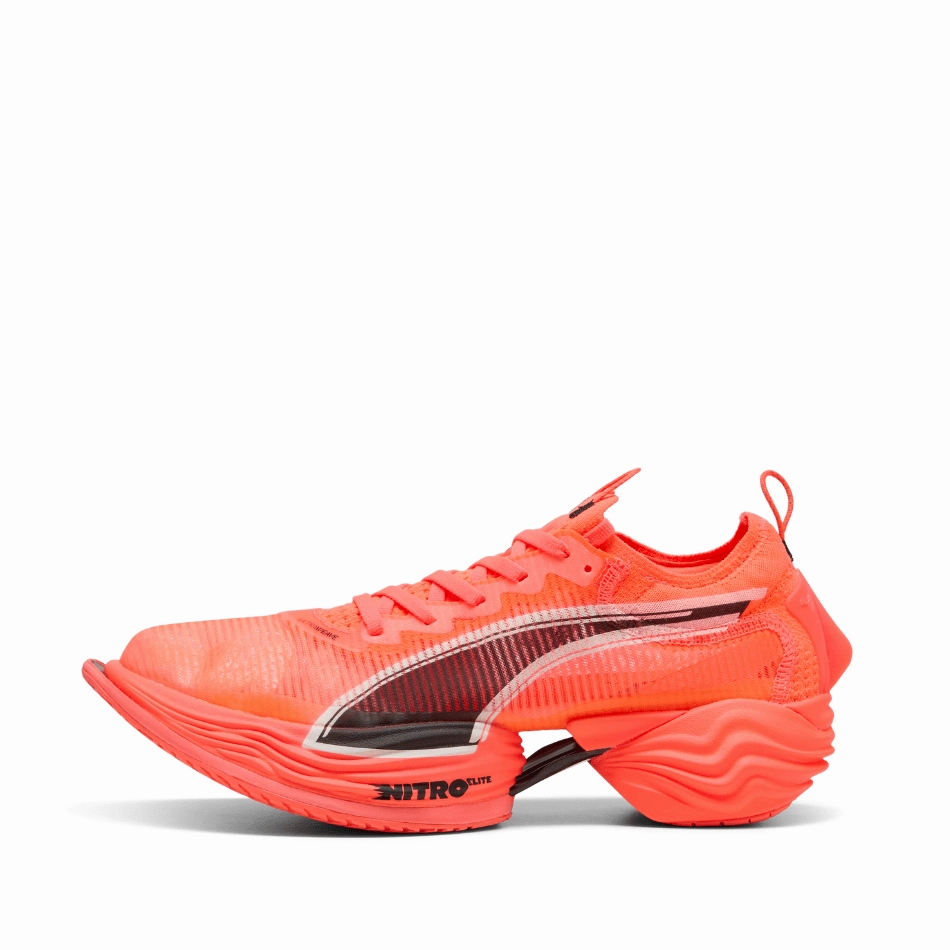 Puma Men's Fast-R NITRO Elite 2 Running Shoes in Glowing Red/Puma White SS25 Elastic Heel Tab