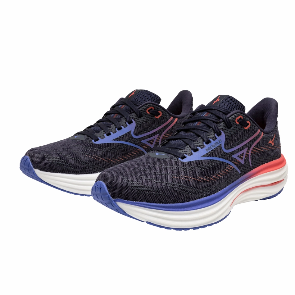 anti - odor shoe quality stripe - design shoes Mizuno Women's Wave Rider 29 Running Shoes in Odyssey Gray/Iris Bloom/Calypso Coral AW25