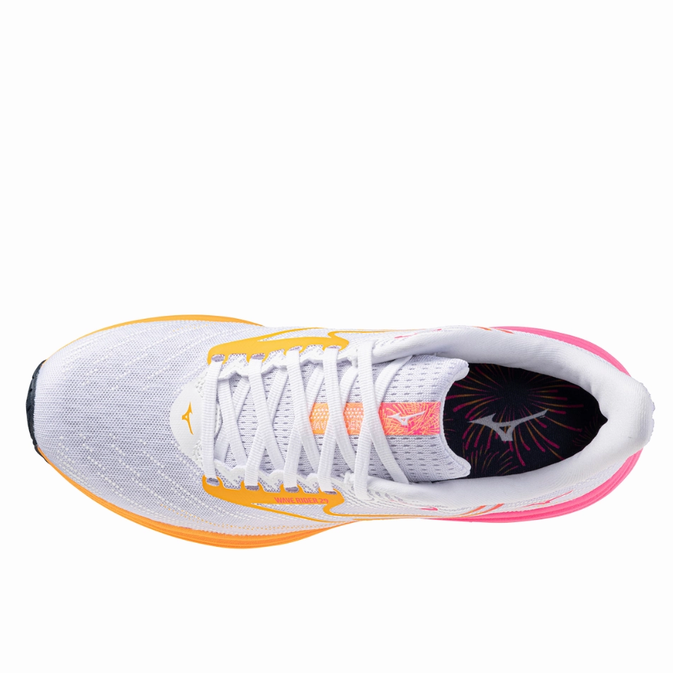 Mizuno Unisex Wave Rider 29 Running Shoes in White/Tang Orange/Pink Tetra AW25 Impact Absorbing Layers Stability system