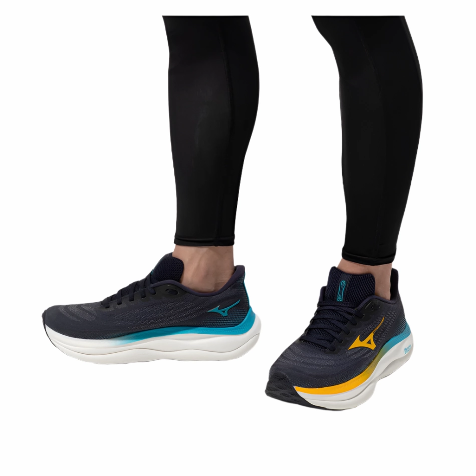 outdoor durability Mizuno Men's Wave Sky 9 Running Shoes in Baritone Blue/Citrus/Capri Breeze AW25