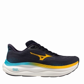 Mizuno Men's Wave Sky 9 Running Shoes in Baritone Blue/Citrus/Capri Breeze AW25 Breathable Shorts