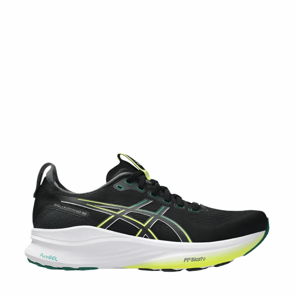 ASICS Men's GEL-KAYANO 32 Running Shoes in Black/Jasper Green AW25 heart health Body Mobility