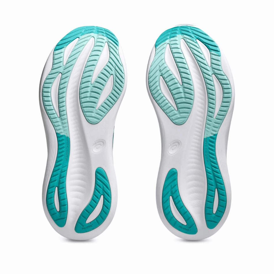 toe - box roomy shoes ASICS Men's GEL-NIMBUS 27 Running Shoes in Wave Teal/Saxon Green SS25