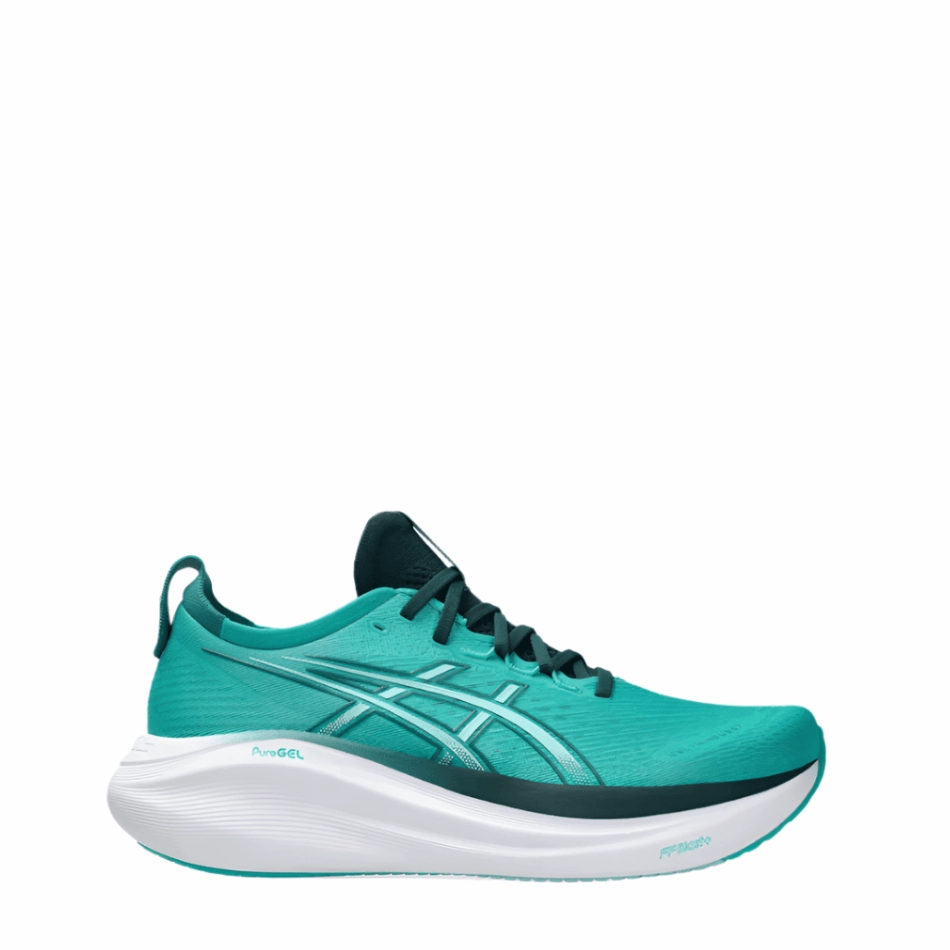 BlownRubberOutsole Optimal Comfort ASICS Men's GEL-NIMBUS 27 Running Shoes in Wave Teal/Saxon Green SS25