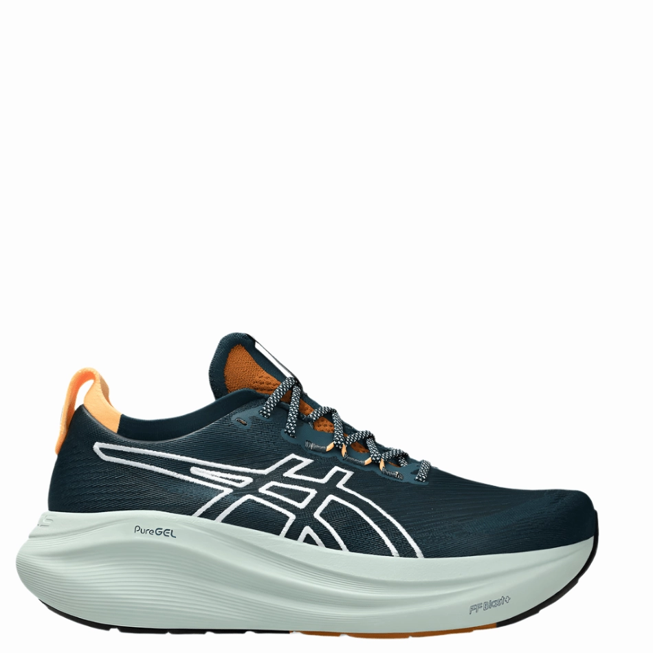 ASICS Men's GEL-NIMBUS 27 TR Running Shoes in Nature Bathing/Tranquil Teal AW25 Rubberized Edge Protection
