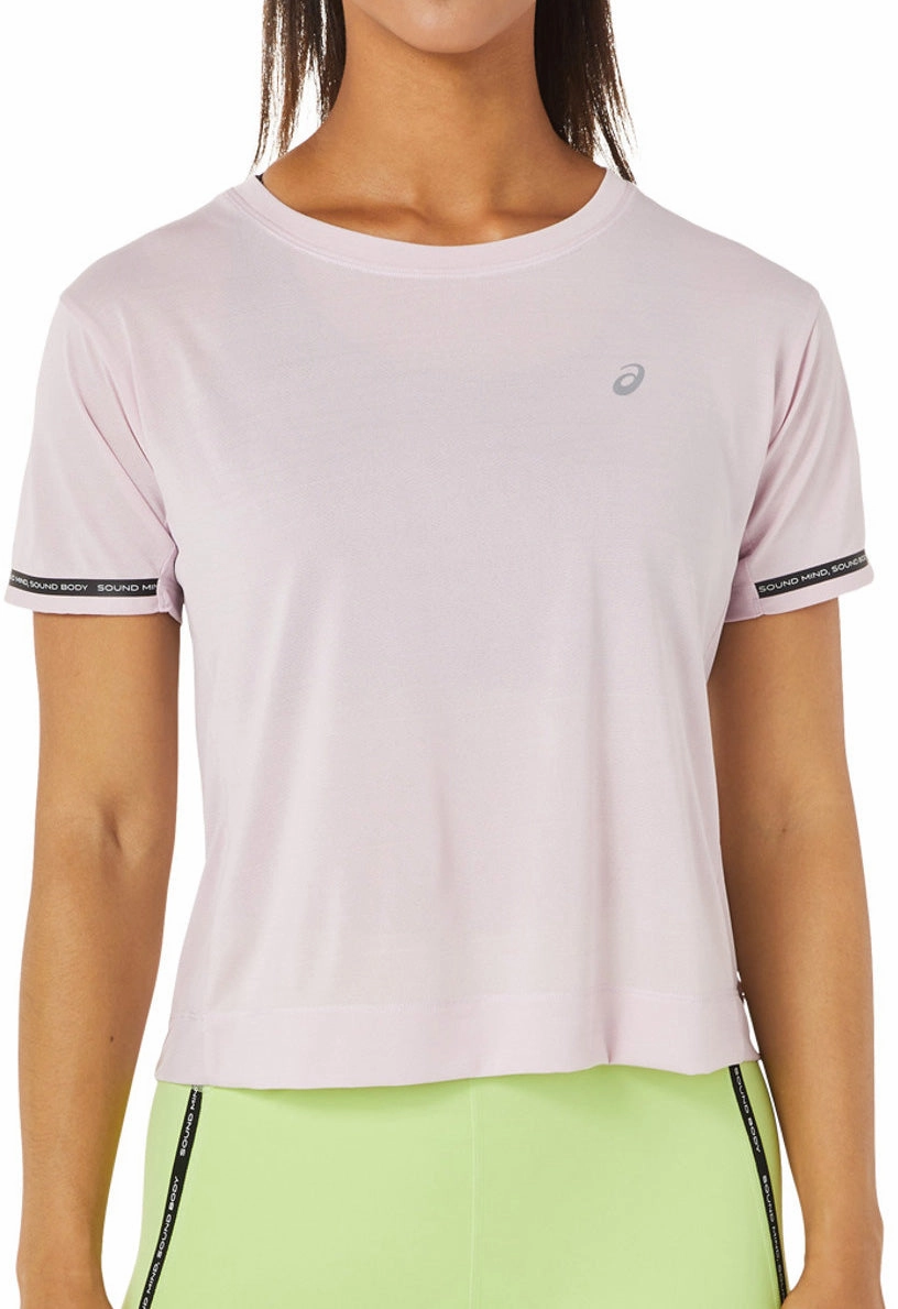 Asics Race Cropped Short Sleeve Womens Running Top - Pink Relaxed Wear Fit Classic Layering