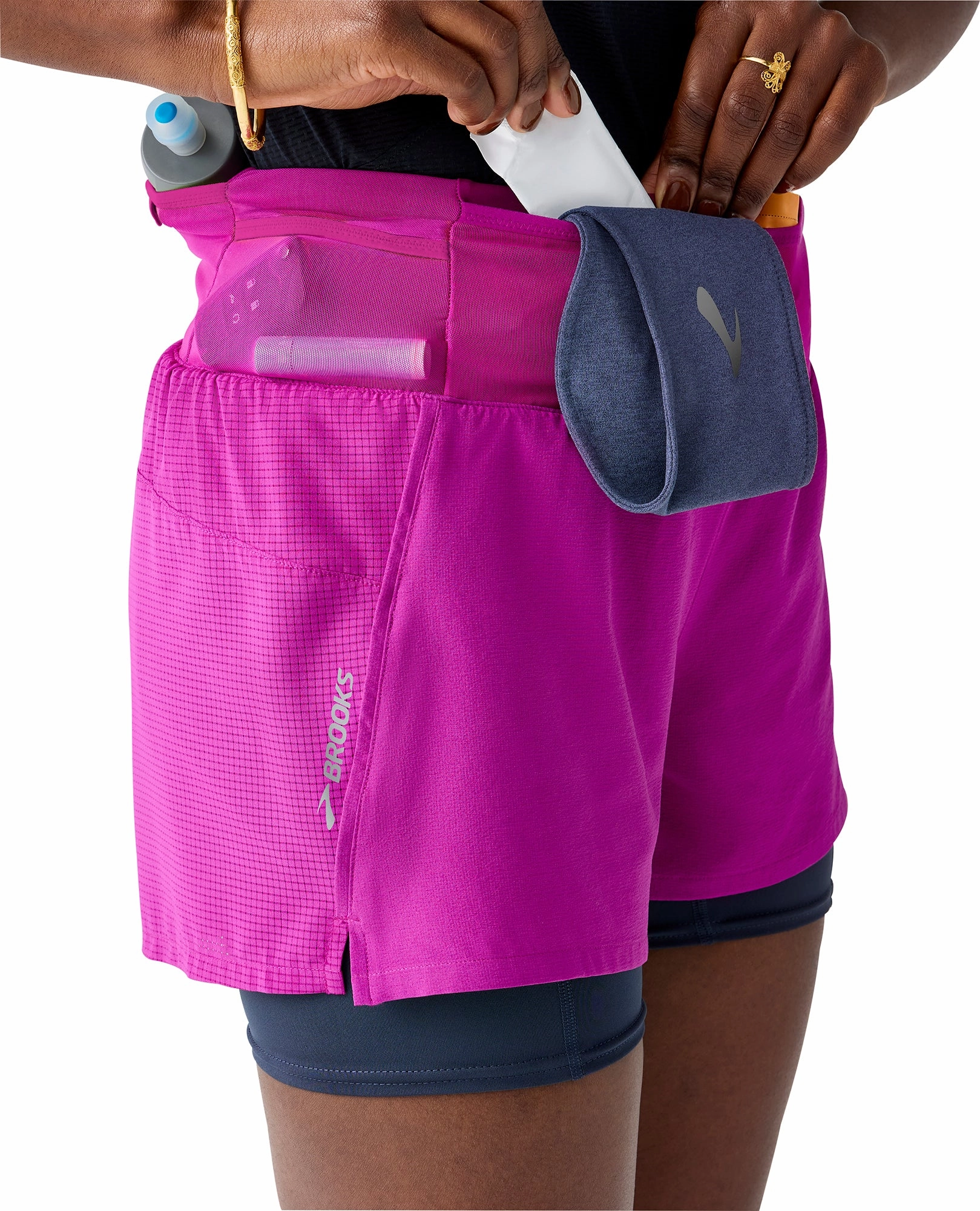 Brooks 3 Inch high Point 2.0 2 In 1 Womens Running Shorts - Pink Water resistant coating Weekend Casual