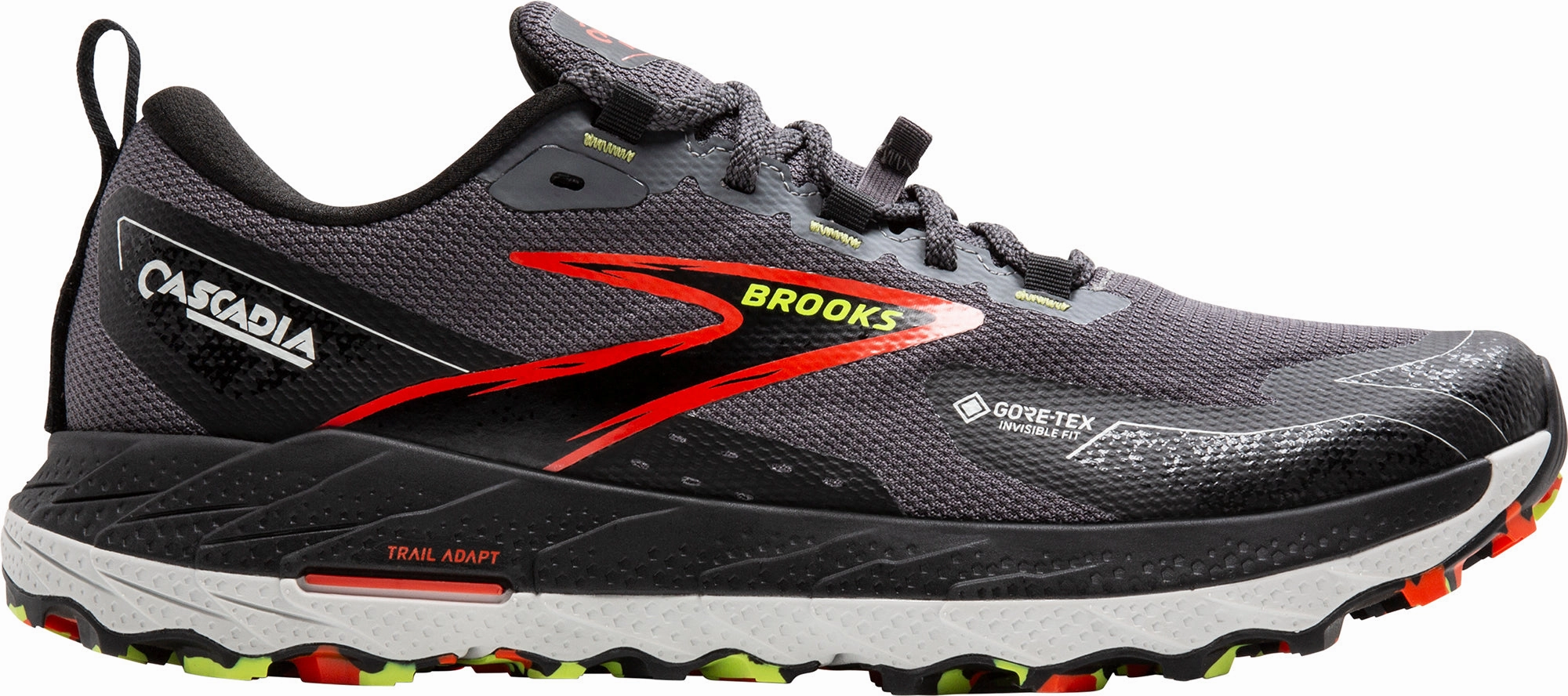 Brooks Cascadia 18 GORE-TEX Mens Trail Running Shoes - Grey running in a tram station area shoes