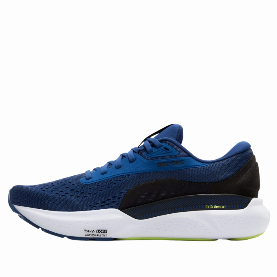 Brooks Men's Adrenaline GTS 24 Running Shoes in Navy Pony/Black/Acid Lime AW25 Lightweight Protective Overlays