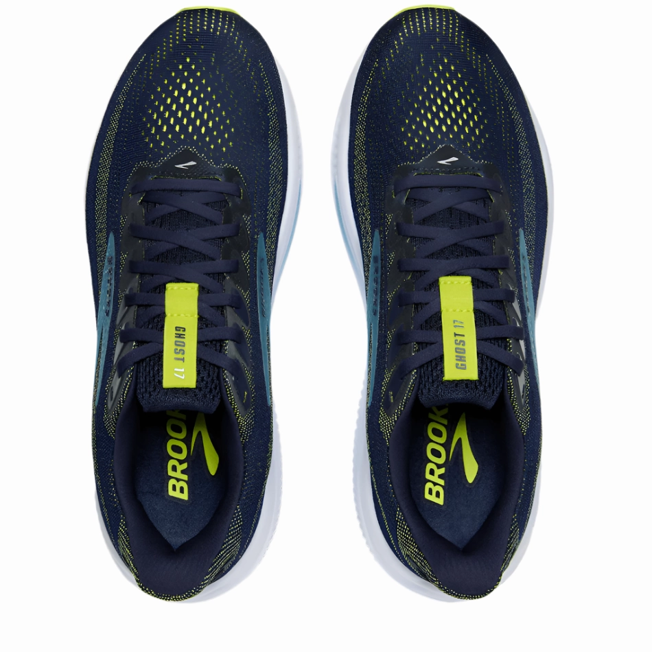 fall running shoes Brooks Men's Ghost 17 2E Wide Fit Running Shoes in Peacoat/Lime/Blue AW25