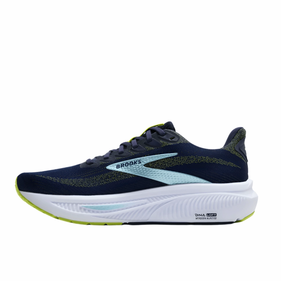 Brooks Men's Ghost 17 2E Wide Fit Running Shoes in Peacoat/Lime/Blue AW25 Max Air Stretch Knit Fabric