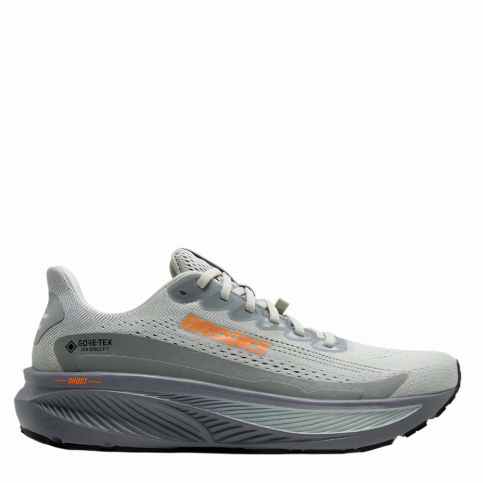 hook - and - loop running option Brooks Men's Ghost 17 GTX Running Shoes in Smoke/Primer Grey/Orange AW25