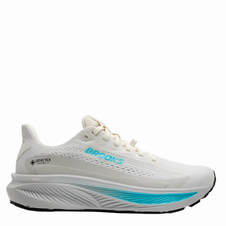 Mid - foot striker Brooks Women's Ghost 17 GTX Running Shoes in Coconut/Oyster/Blue AW25