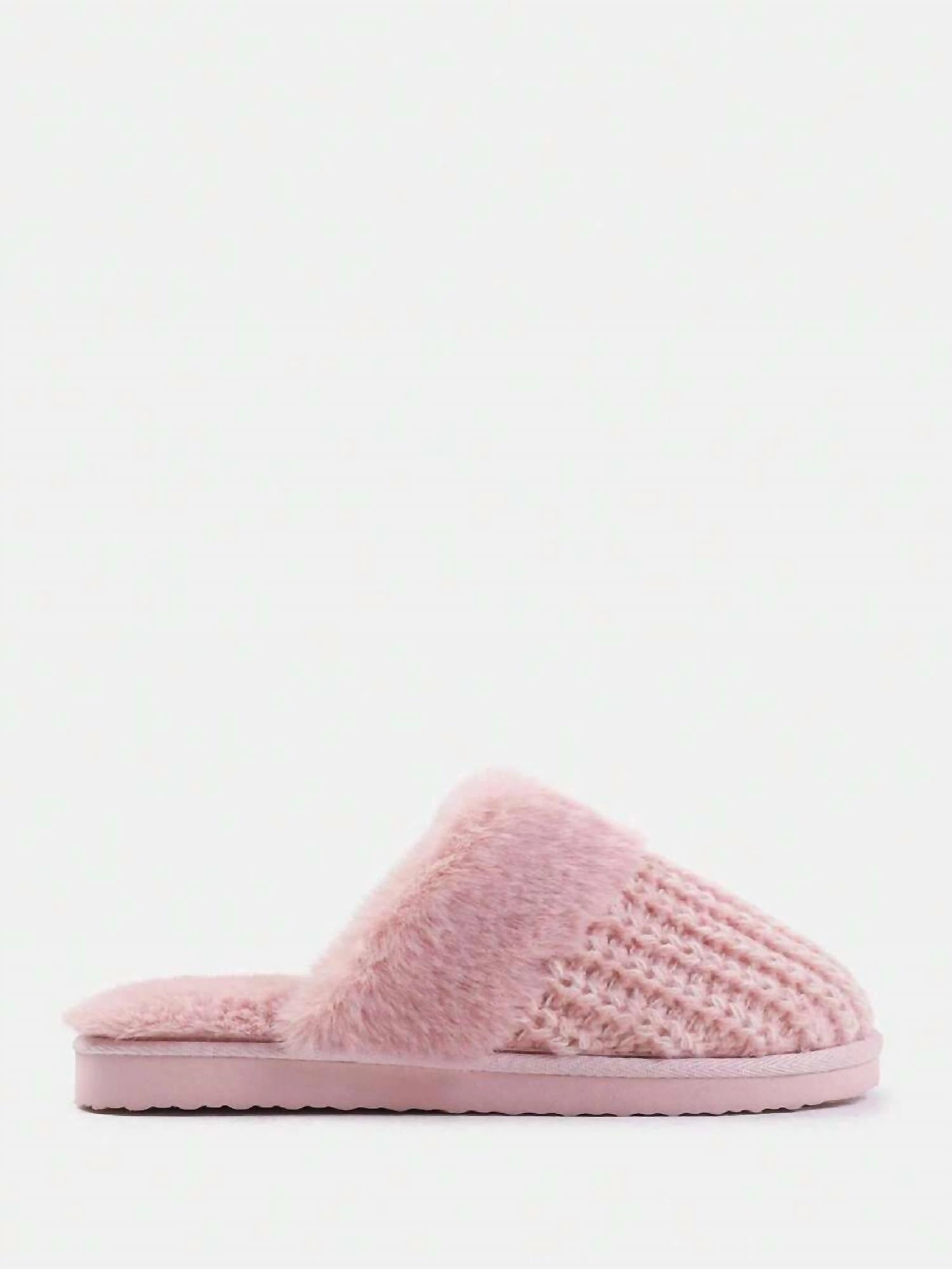 Women's Knitted Snug Faux Fur Slippers In Pink breathable vents Slip Ease