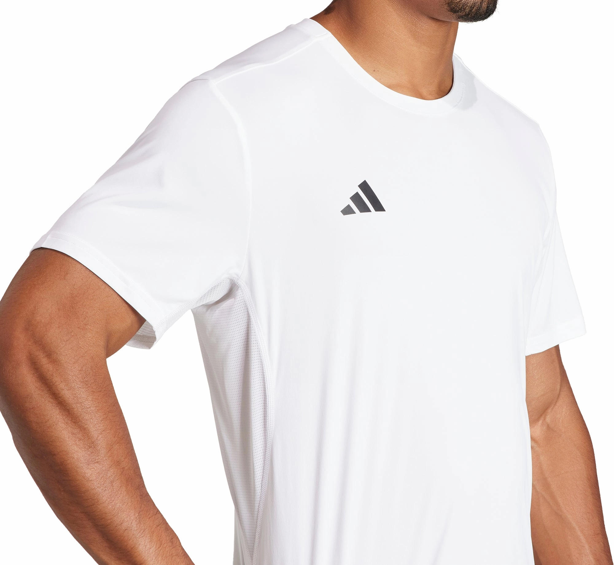 adidas Adizero Essentials Short Sleeve Mens Running Top - White Anti Pilling Finish Water Based Ink Print