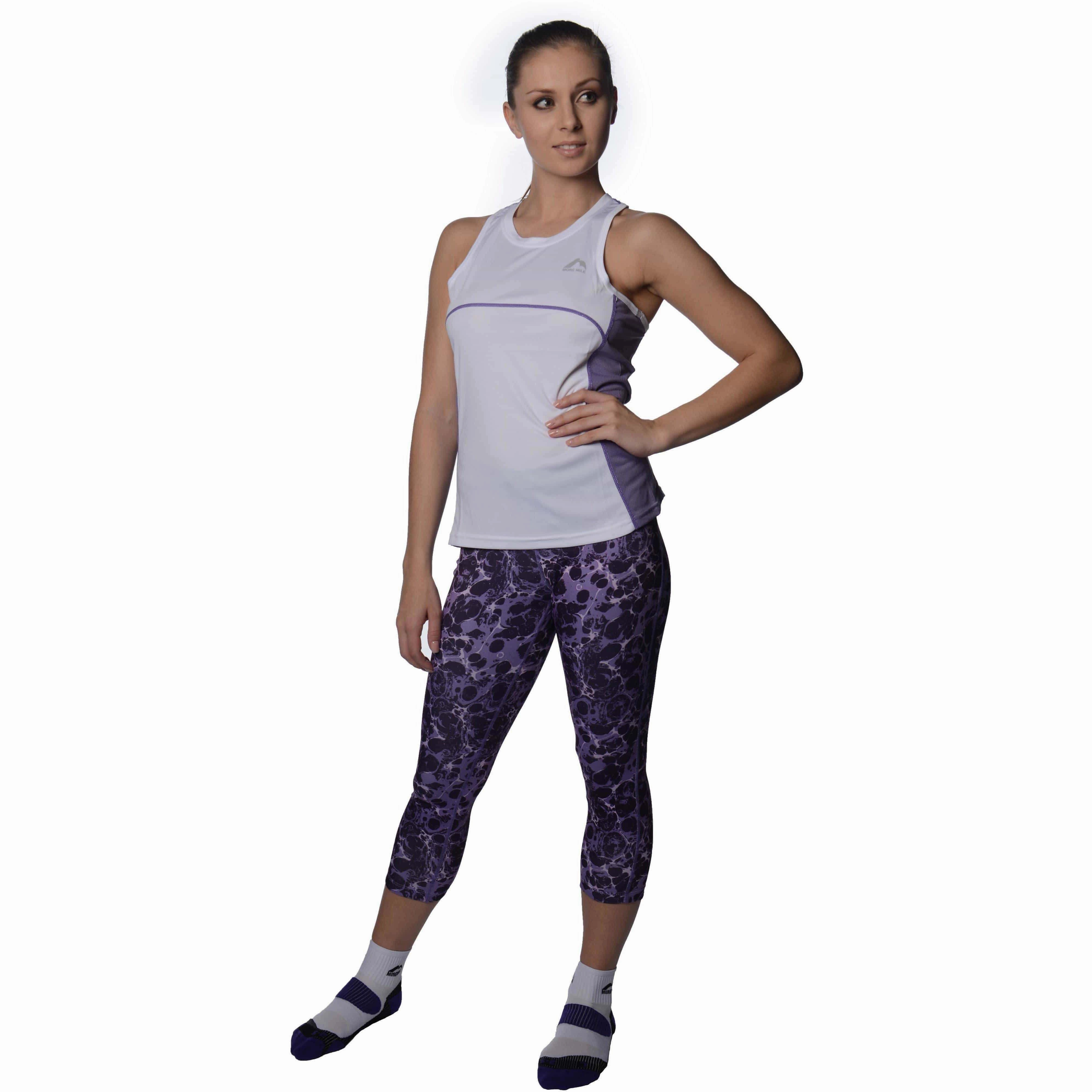 More Mile Printed Capri Womens 3/4 Running Tights - Purple Soft Wear Fit For Action