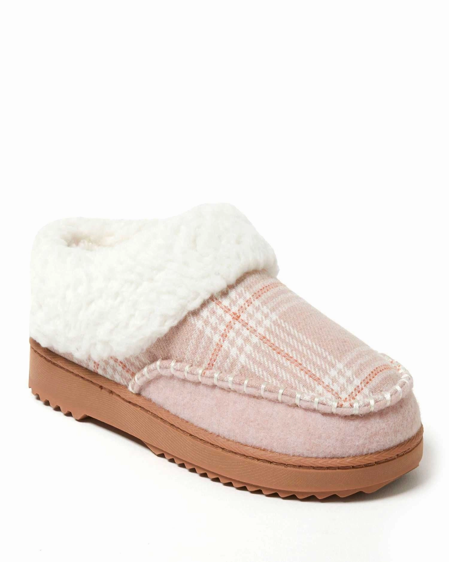 Dearfoams Women's Nyla Felted Plaid Moccasin Toe Clog House Shoe Slipper Efficient Performance Cozy Vibes