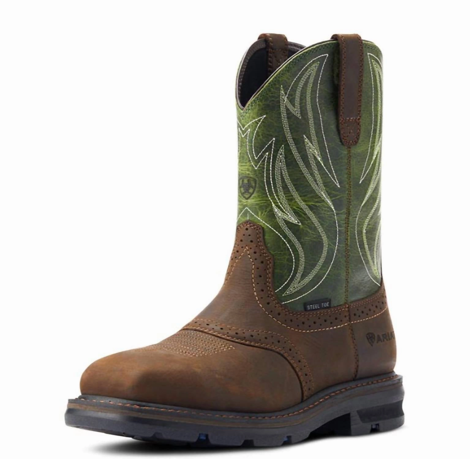 Men's Steel-Toe Sierra Shock Shield Work Boot In Brown/green Anti-Skid