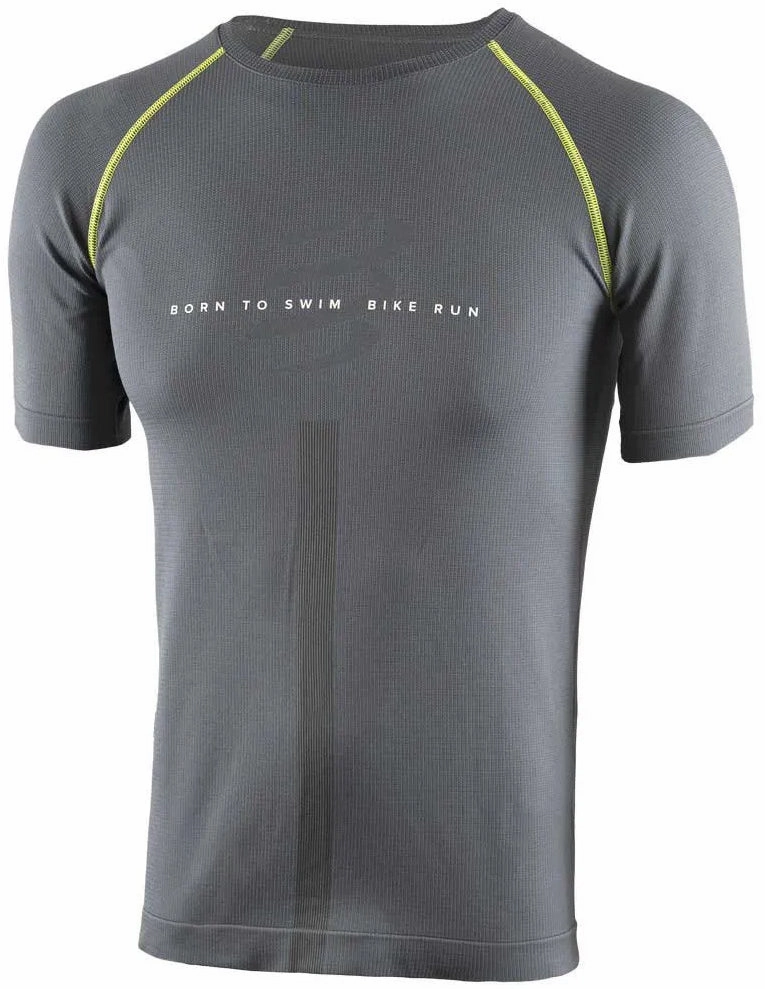 MinimalBranding Sporty Top Compressport Born To SwimBikeRun Short Sleeve Mens Running Top - Grey