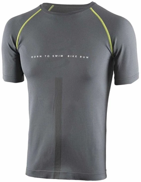 MinimalBranding Sporty Top Compressport Born To SwimBikeRun Short Sleeve Mens Running Top - Grey