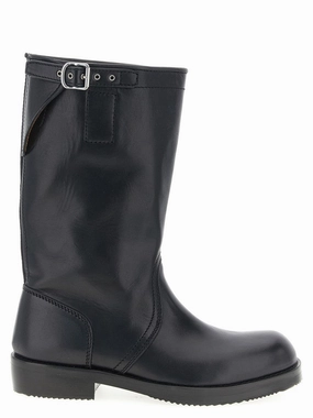 Calfskin Leather Biker Boots With Adjustable Strap Low Heel