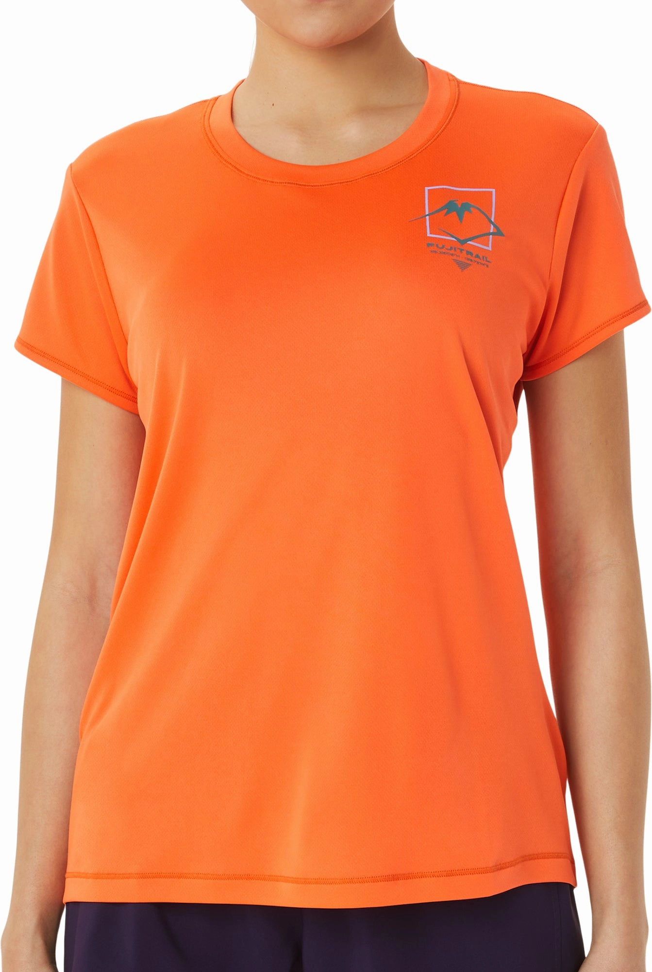 Boat neck style Stretch Fit Asics FujiTrail Logo Womens Short Sleeve Running Top - Orange