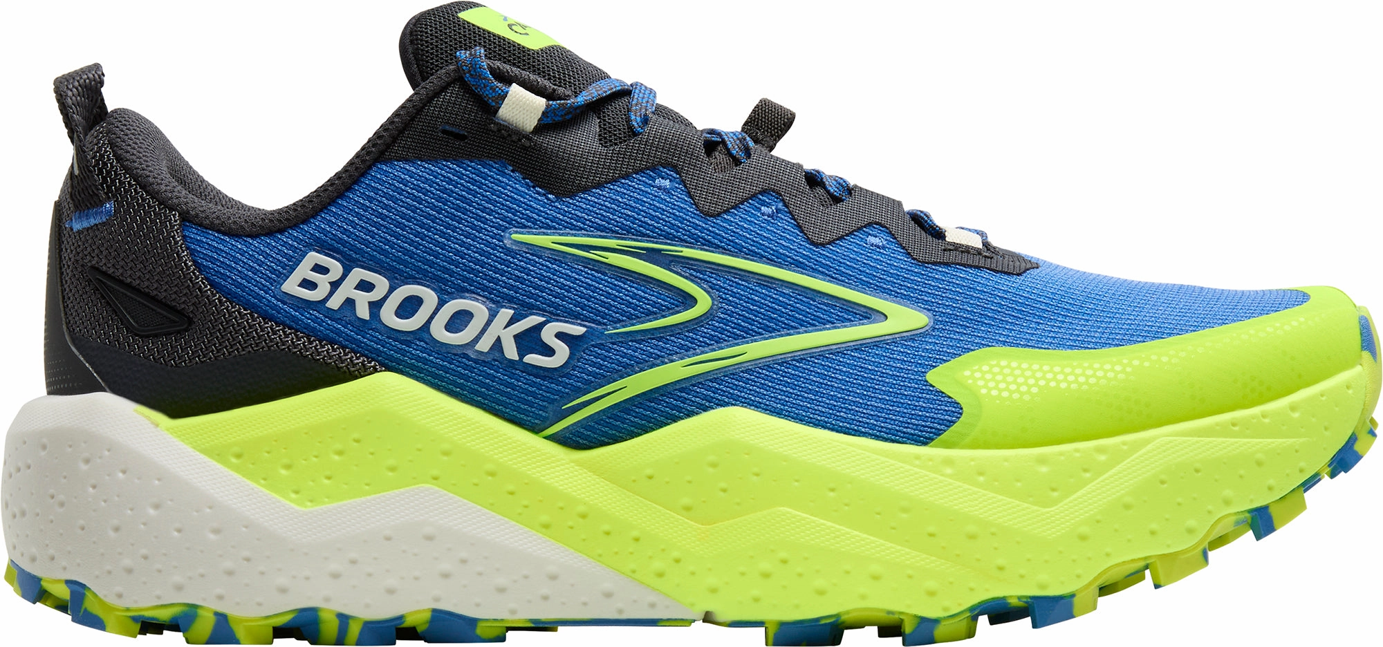 Brooks Caldera 8 Mens Trail Running Shoes - Blue running in a train station area shoes Hyper Responsive Cushioning
