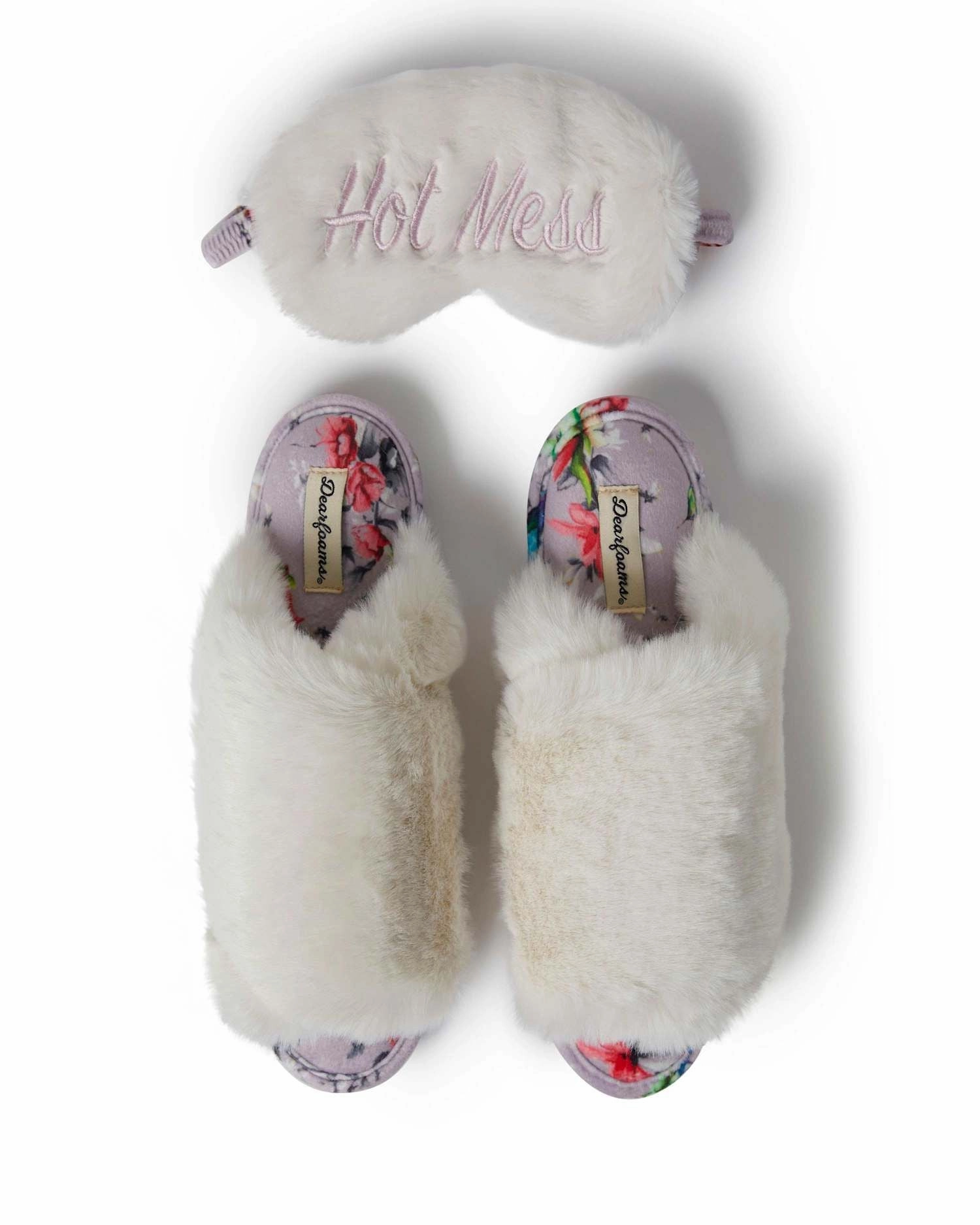 Dearfoams Women's Louise Fuzzy Cross Band Slide Slipper with Eyemask Gift Set Supportive