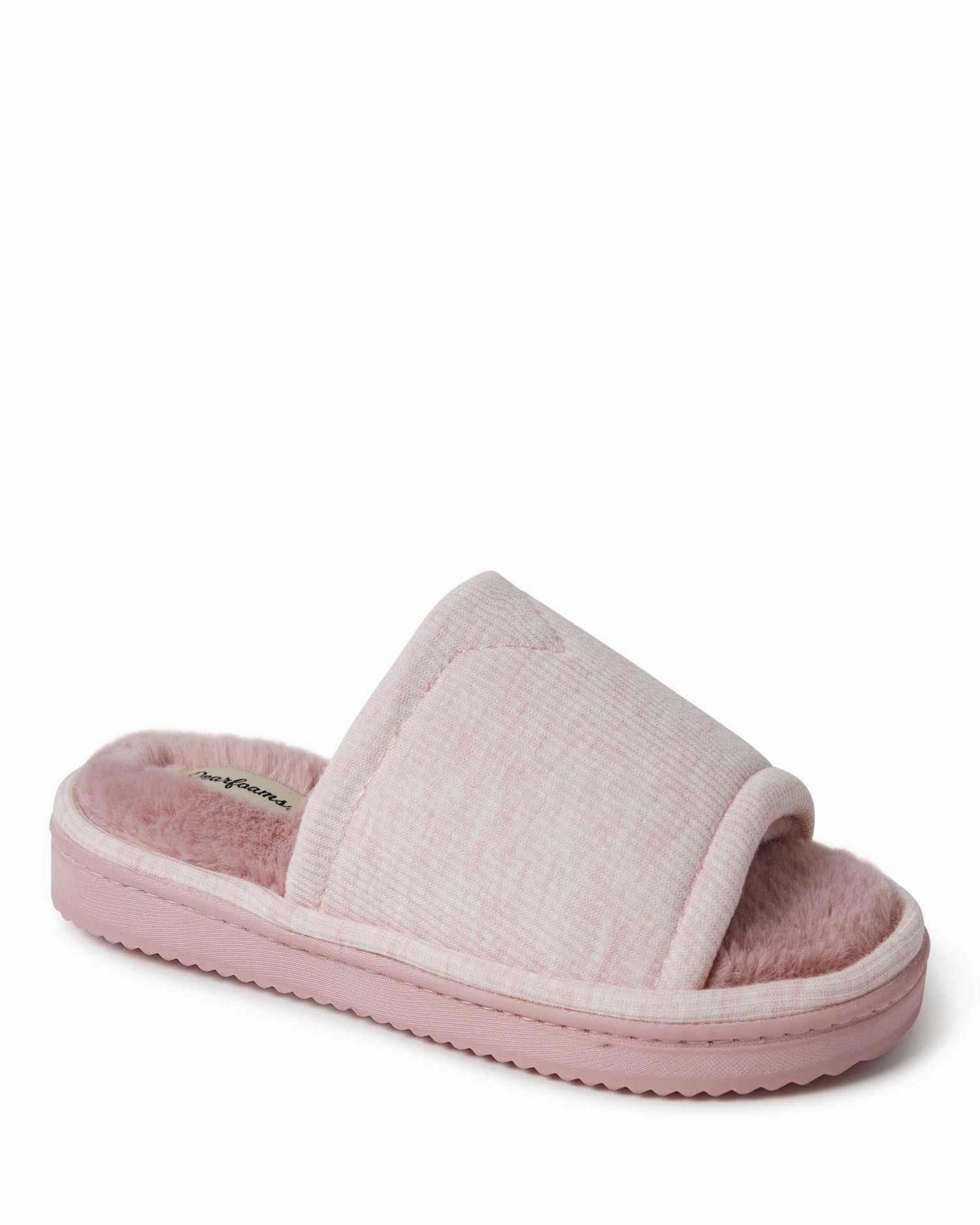Dearfoams Womens Demi Rib Knit Fuzzy Slide House Slipper Quick Walk Comfort Fit Technology