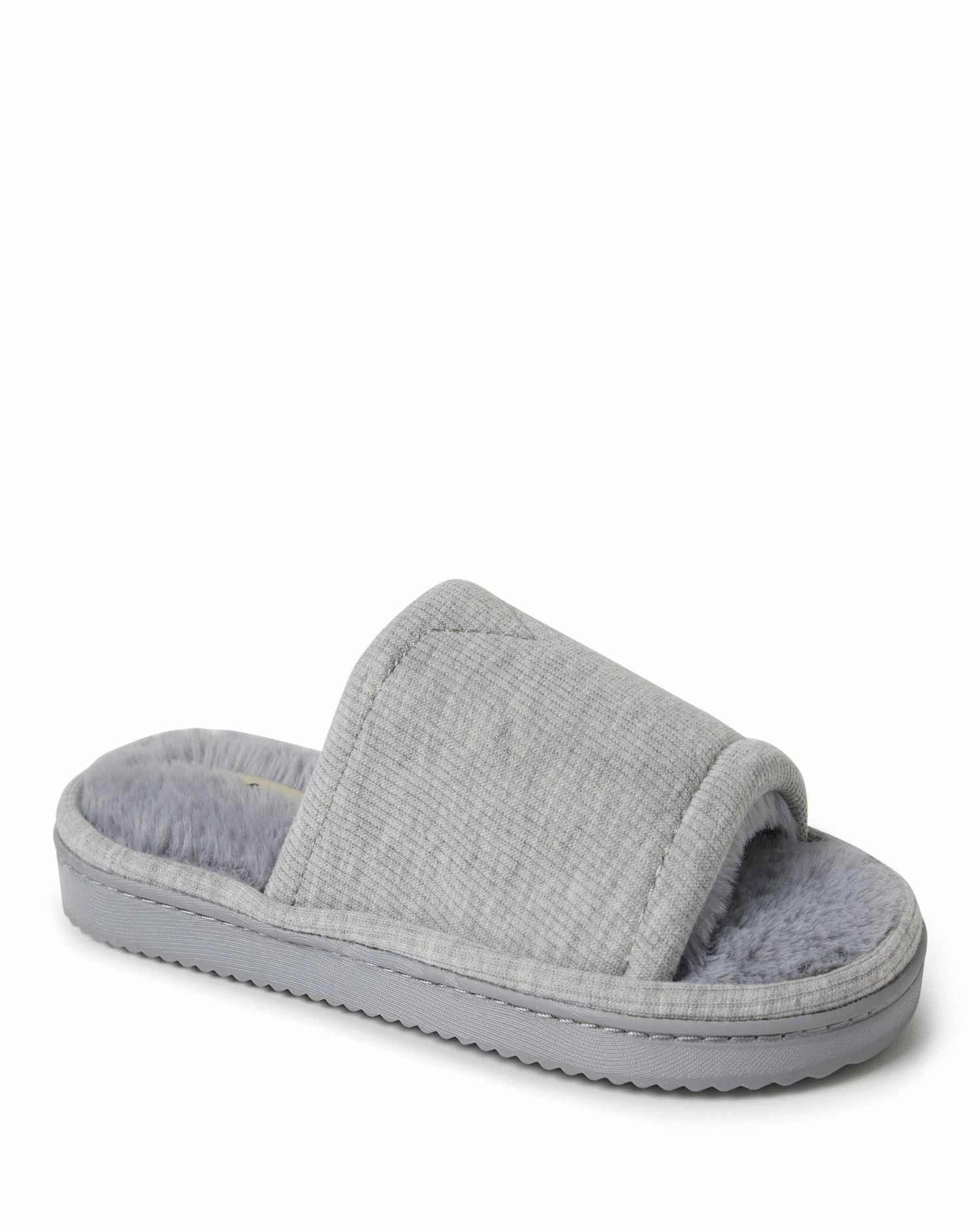 Dearfoams Womens Demi Rib Knit Fuzzy Slide House Slipper Ventilation holes Comfortable Fit.