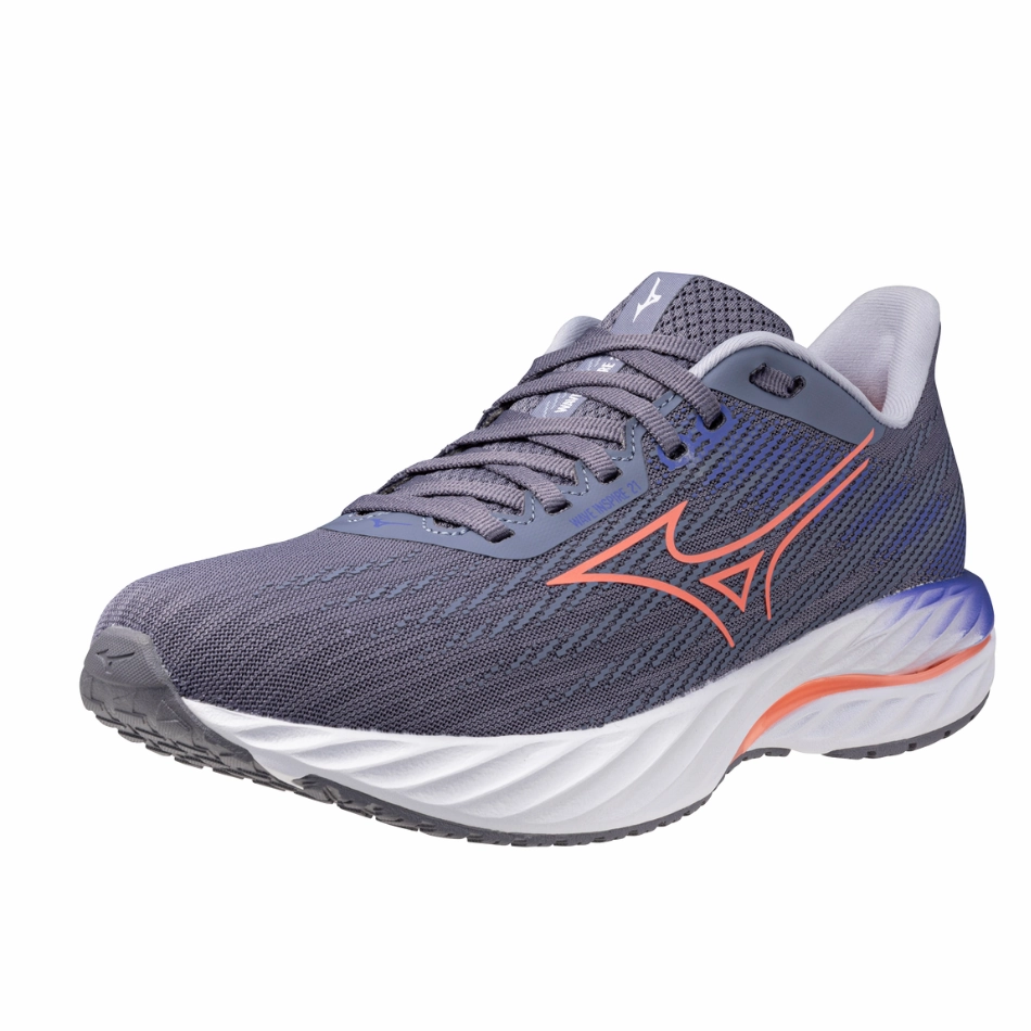 Mizuno Women's Wave Inspire 21 Running Shoes in Blue Granite/Striking Coral/Iris Bloom AW25 running in shaded tracks shoes Merrell Moab