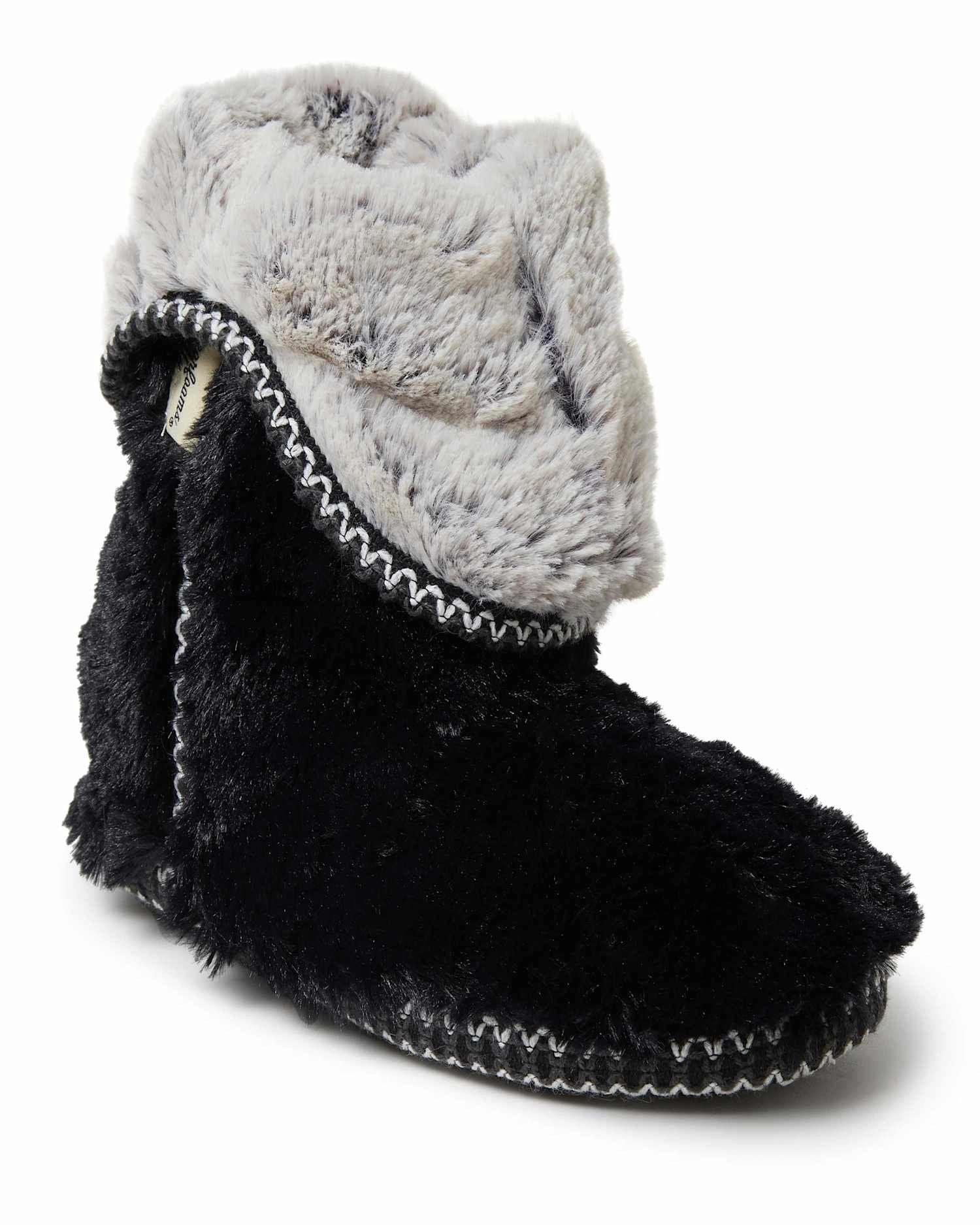 Dearfoams Women's Beth Faux Fur Fold Down Fuzzy Bootie House Slipper Boot Tie Up Design