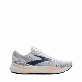 Non Restrictive Fit Reinforced Heel Collar Brooks Women's Adrenaline GTS 24 Running Shoes D Width (Wide Fit) in Grey/Blue Ribbon/Peach SS25
