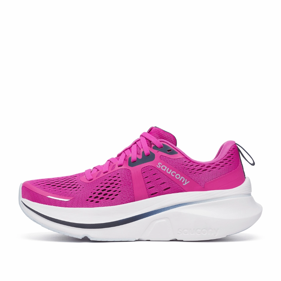 solo running shoe usability Balanced Cushion Distribution Saucony Women's Guide 18 Running Shoes in Fuchsia/Navy SS25