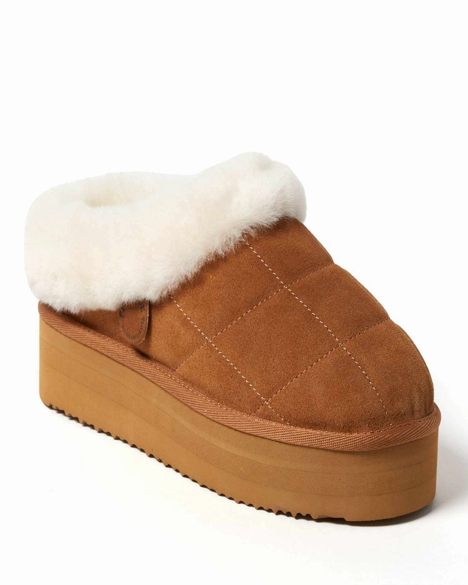 Breathable Construction Anti   Fatigue Fireside by Dearfoams Women's Bendigo Genuine Shearling Quilted Platform Clog Slipper