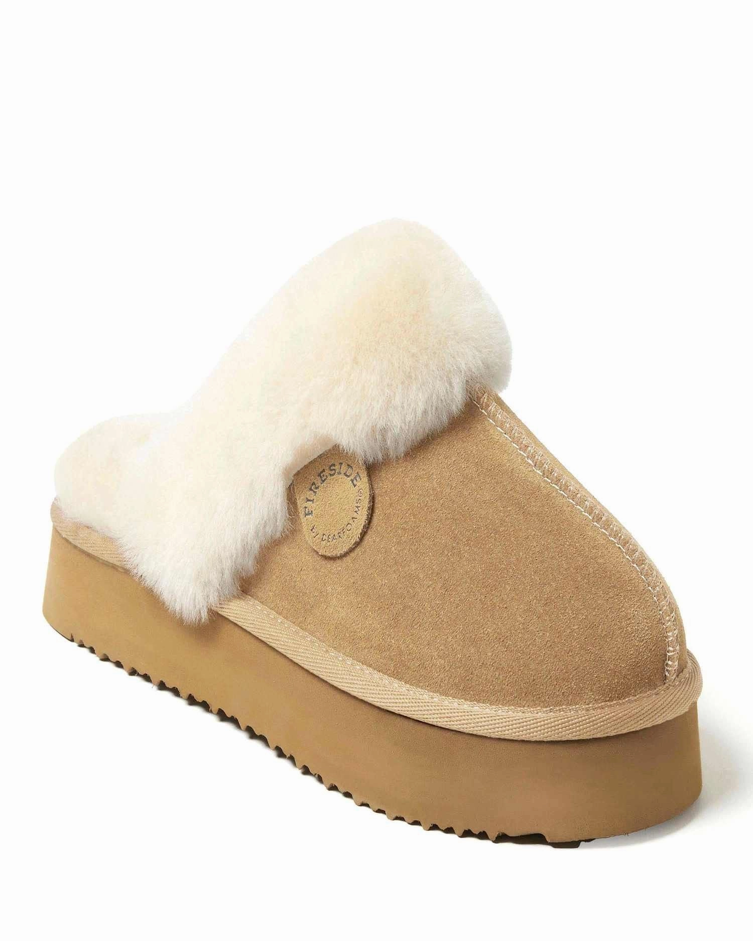 Canvas Material Fireside by Dearfoams Women's Melton Genuine Shearling Platform Scuff Slipper