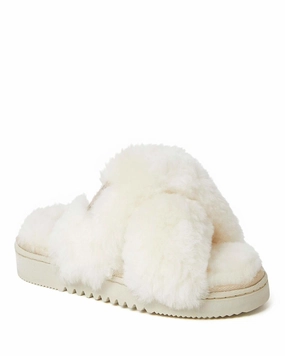 Anti Bacterial Treatment Fireside By Dearfoams Women's New Castle Genuine Shearling Cross Band Fuzzy Slide Slipper