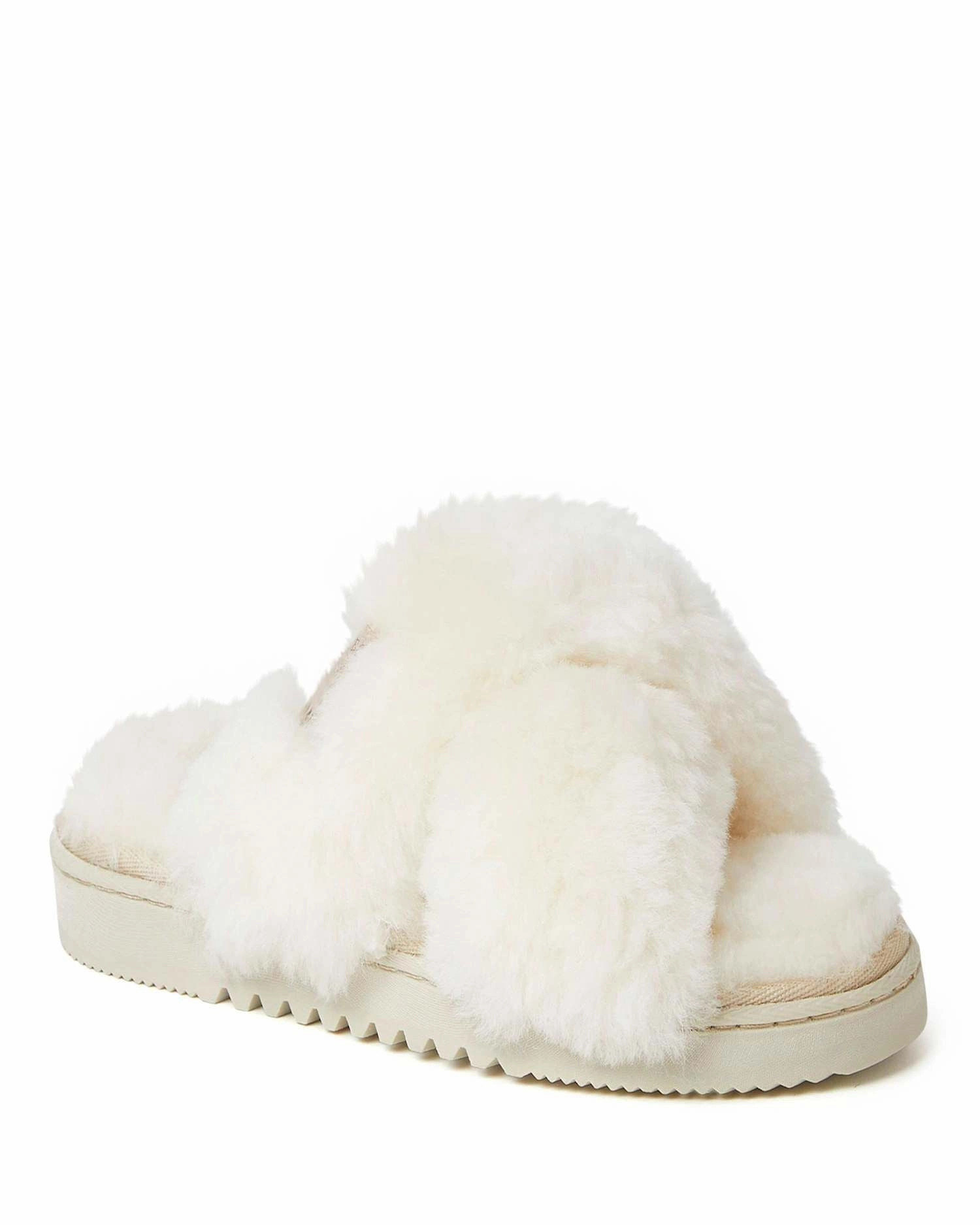 Fireside By Dearfoams Women's New Castle Genuine Shearling Cross Band Fuzzy Slide Slipper Anti Abrasion