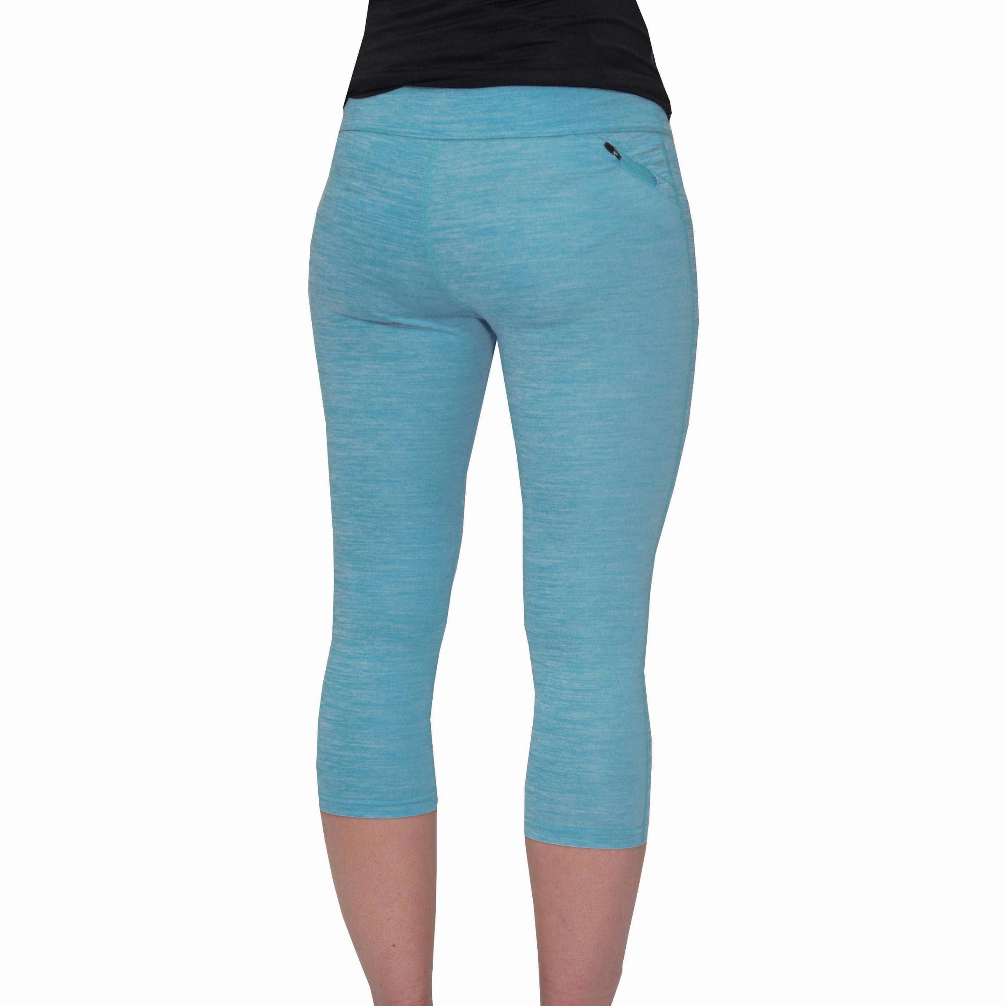 More Mile Heather Womens 3/4 Capri Running Tights - Blue Silicone Hem Binding Rib Knit Unisex Style