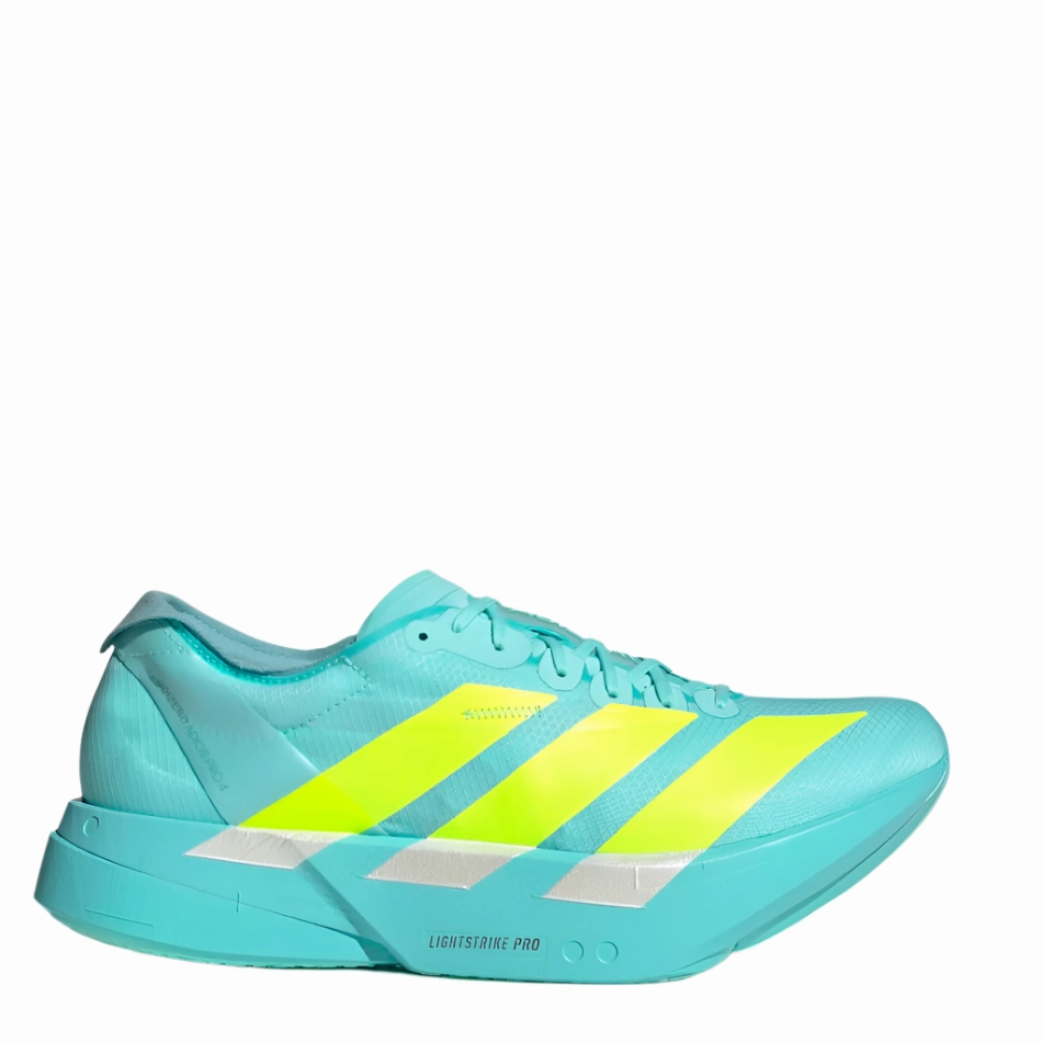 Adidas Men's Adizero Adios Pro 4 Running Shoes in Flash Aqua/Lucid Lemon/Mint Ton AW25 running in a train station area shoes