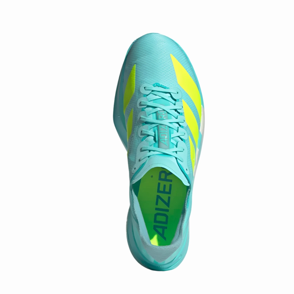 Quick Dry Inner Sleeve Aerodynamic Groove Design Adidas Men's Adizero Adios Pro 4 Running Shoes in Flash Aqua/Lucid Lemon/Mint Ton AW25