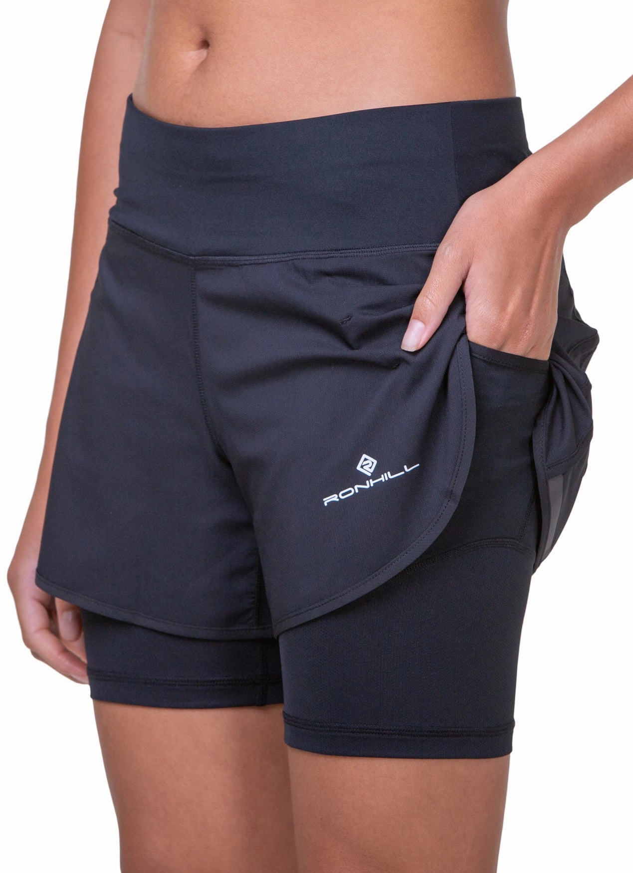 Ronhill Tech 4.5 Inch Twin 2 in 1 Womens Running Shorts - Black Hiking shorts Comfortable Cut
