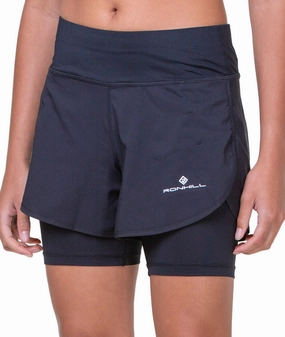 Ronhill Tech 4.5 Inch Twin 2 in 1 Womens Running Shorts - Black Bold Statement