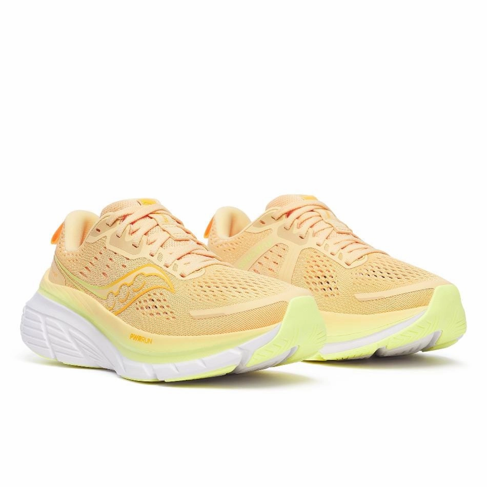 Saucony Women's Guide 18 Running Shoes in Peach/Sunny SS25 Tread Pattern Design Blown Rubber Padding