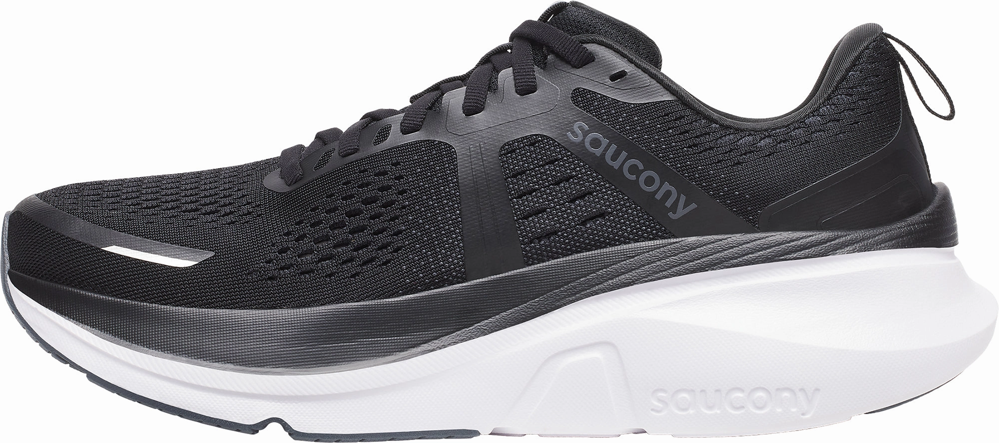 professional runners' shoes Stabilizing Heel Cage Saucony Guide 18 WIDE FIT Mens Running Shoes - Black
