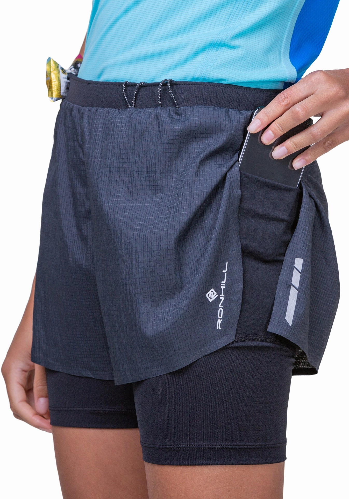 Ronhill Tech Race Twin 2 In 1 Womens Running Shorts - Black Sporty Flex Odor Resistant Coating