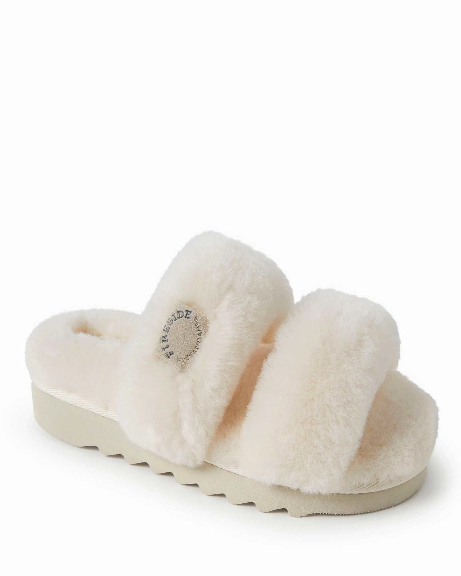 Flexible Step Simple Comfort Walk Fireside by Dearfoams Women's Benalla Genuine Shearling Double Band Fuzzy Slide Slipper