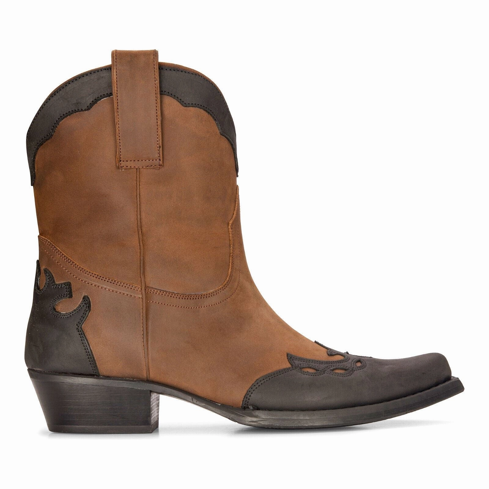 Men's Leather Western Boots Brown Cuban Cowboy Winklepickers Classic Pointed Pull Tab