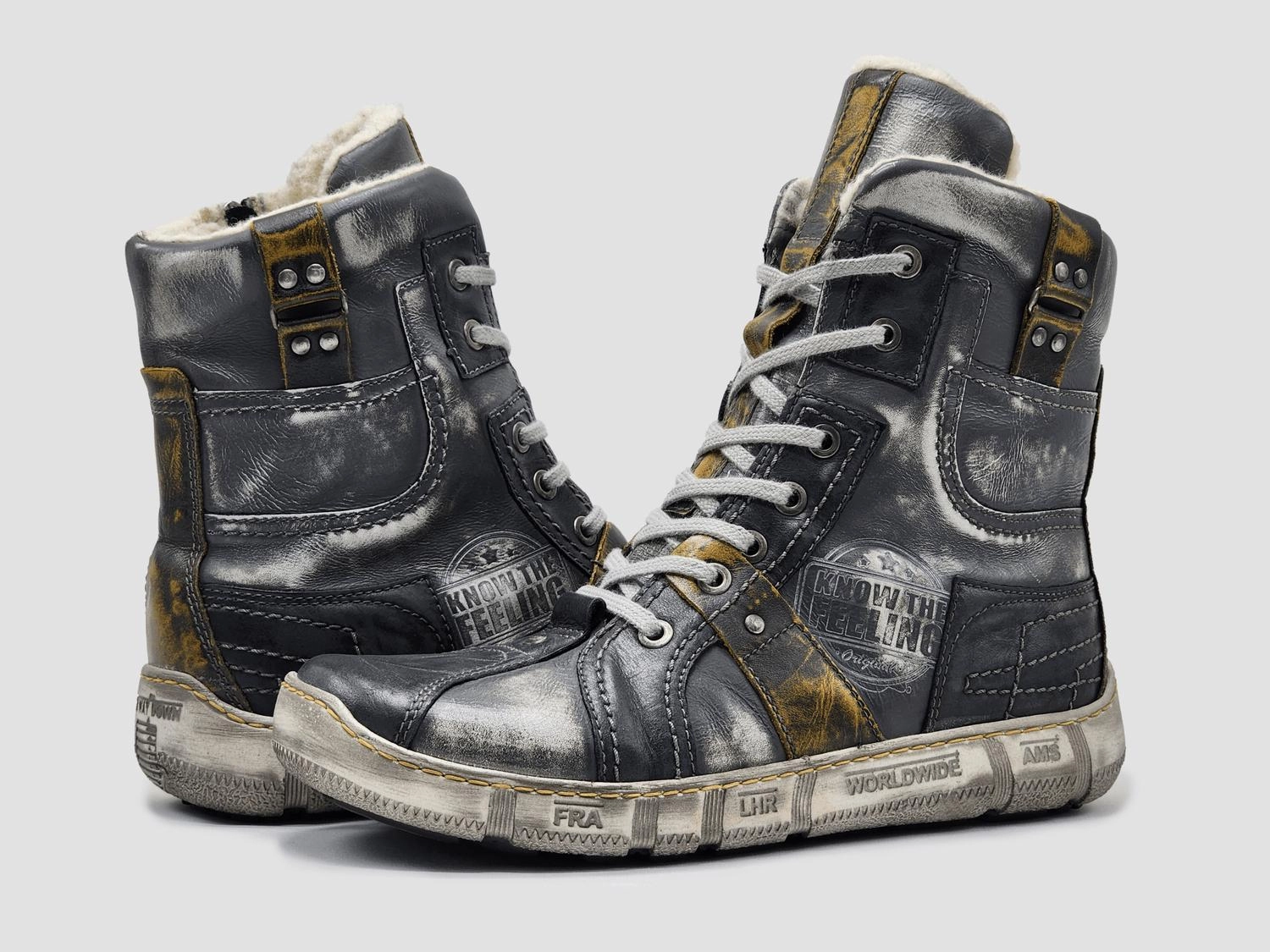 Non Slip Tread Pattern Adventurous Spirit Men's Tall Comfort Thick Wool Lined Zip-Up Leather Boots In Grey/yellow